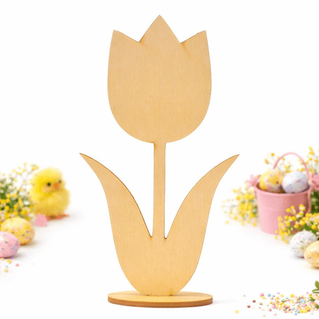 Kwiatek Tulipan drewniany na podstawce 16cm