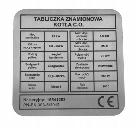 Tabliczka znamionowa Kotła na piec, kocioł grzewczy 9x9cm ze stali