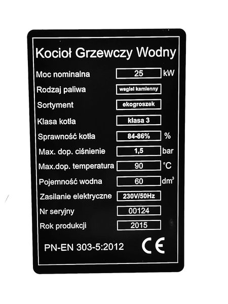 Tabliczka znamionowa pieca, kotła z aluminium 0,2mm 5,4 cm x 8,6 cm