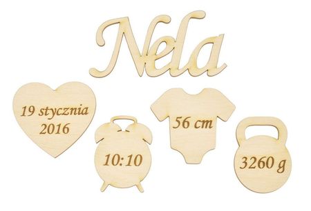 Metryczka ze sklejki z grawerem + napis imię